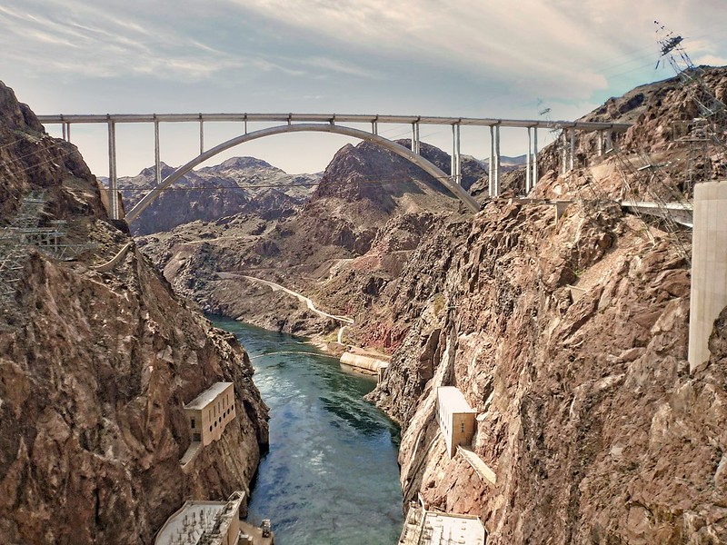 Colorado River at the Hoover Dam shows the drought and its threats to Western agriculture.
