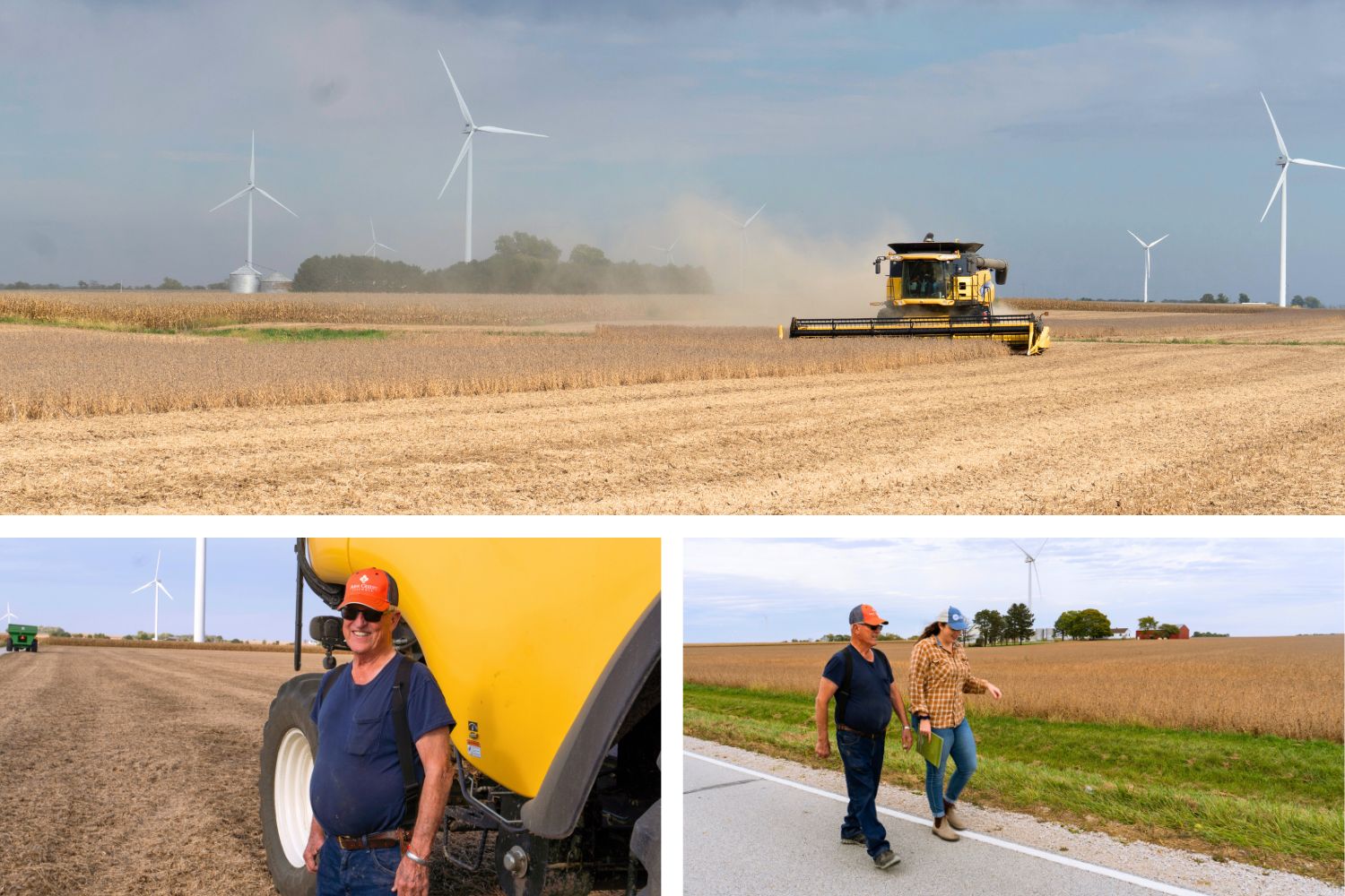 Three photo collage, from top clock wise; a combine in an Illinois field in Fall, Farmer Jean Stewart and Program Manager Helen VanBack walk and talk down a country road infront of corn, final photo is of Farmer Jean Steward from the side in front of his combine.