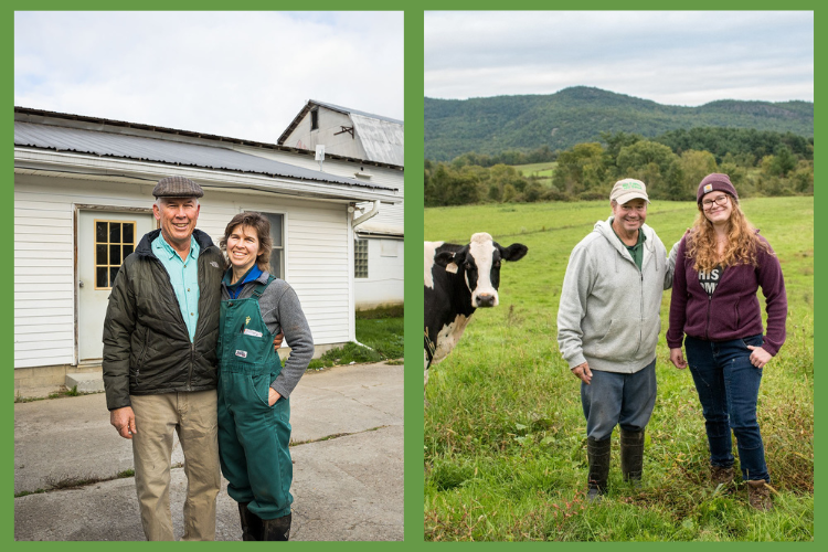 Farmers Meghan Hauser and Olivia Fuller each stand with their fathers on their farms.